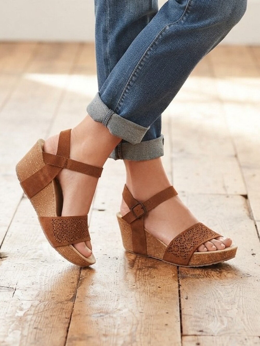 NWOT Bos. & Co. Italian Brown Suede Laser-Cut Floral Wedge Sandals Size 39 / 9